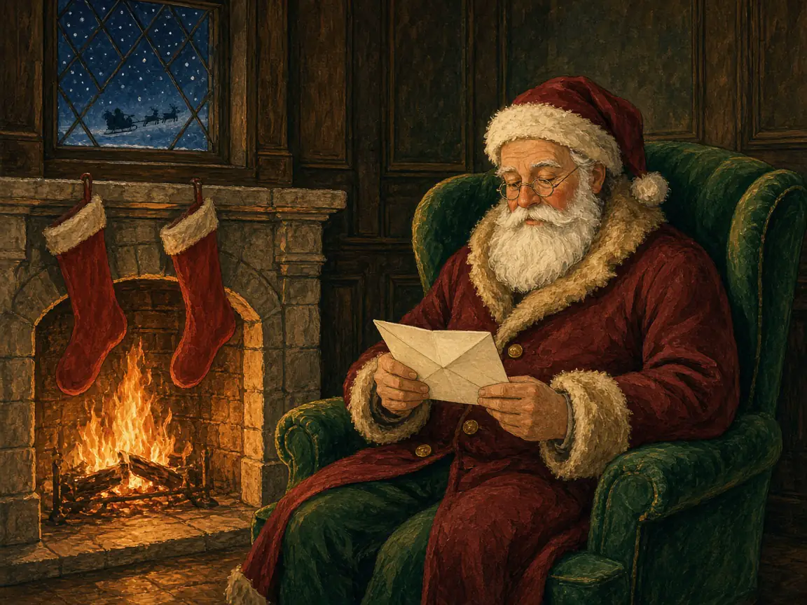 Illustrated Father Christmas in a green armchair, reading a letter beside a lit fire
