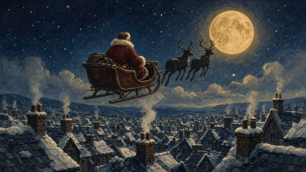 Illustrated sleigh over snowy rooftops, Father Christmas seen from behind