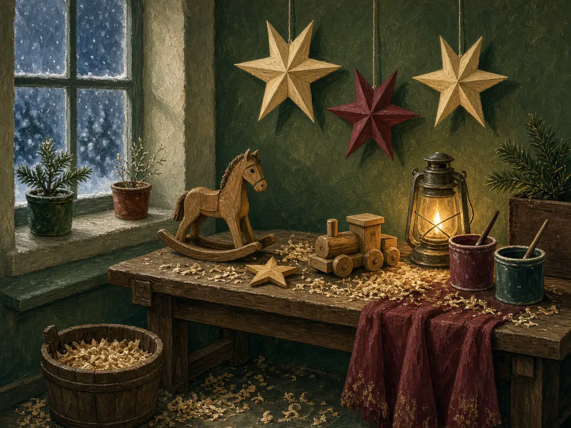 Illustrated empty workshop bench with wooden toys and a lantern